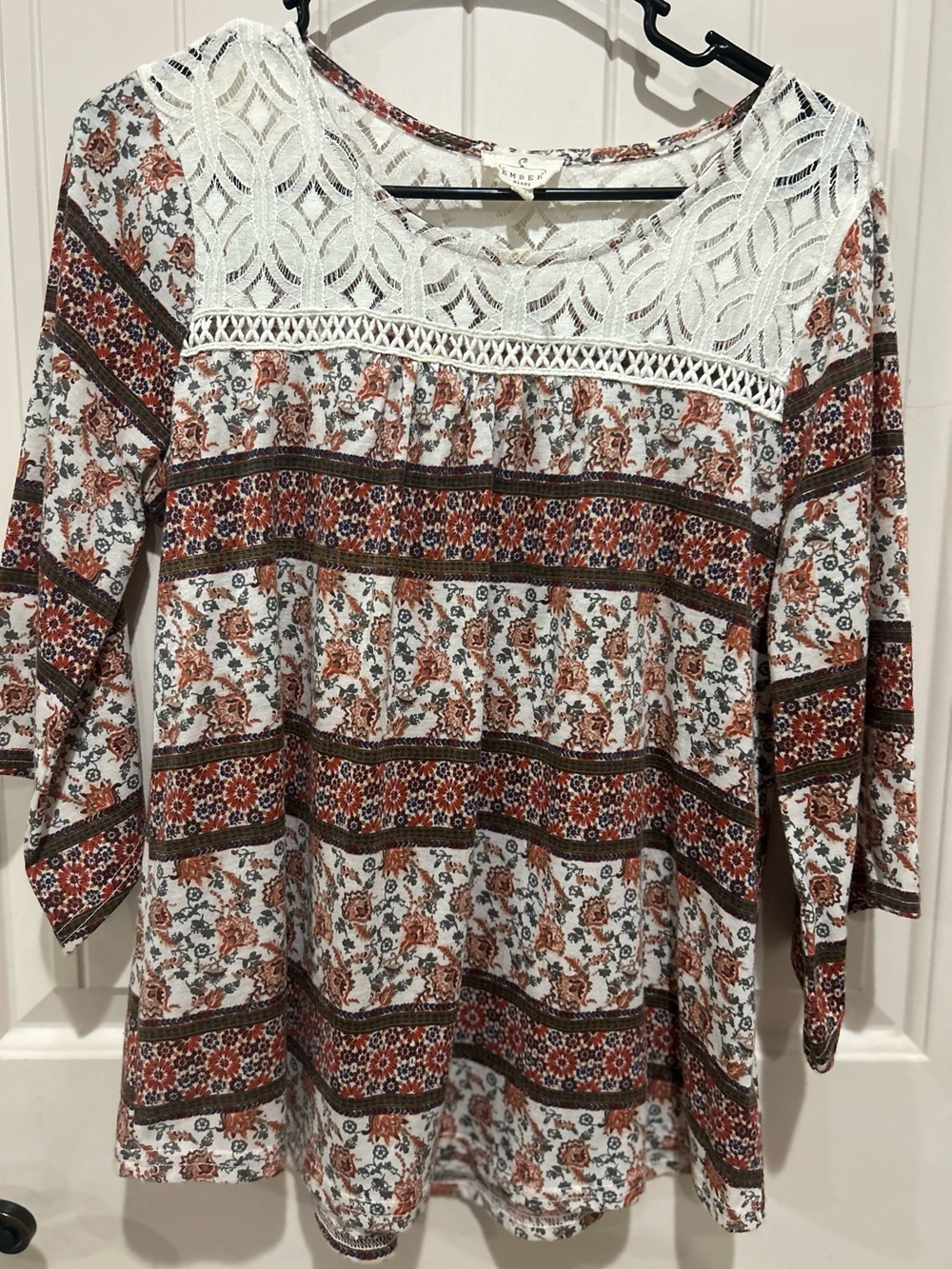 Boho Floral Lace-Trim Women’s PeplumTop in Rust and White